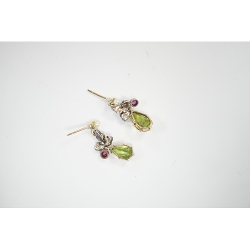 1977 - A pair of yellow metal, peridot, red stone, cultured pearl and rose diamond cluster set drop earring... 