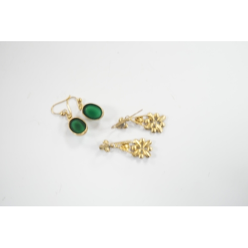 1979 - A pair of yellow metal and cabochon chrysoprase set drop earrings and a pair of yellow metal, aquama... 