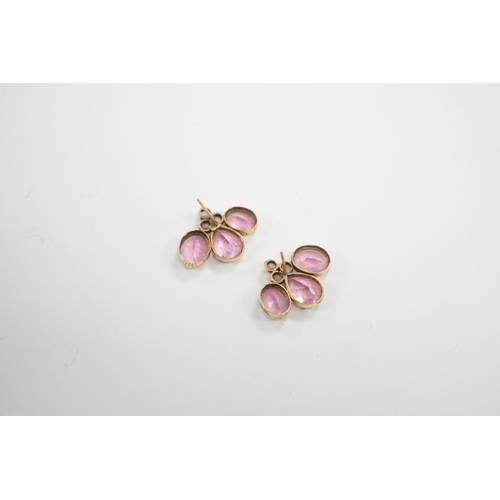 1980 - A pair of early 20th century yellow metal and pink paste cluster ear studs, width 26mm, gross weight... 