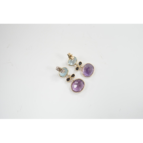 1981 - A pair of yellow metal and four stone, blue topaz, amethyst and sapphire? set drop earrings, 25mm, g... 