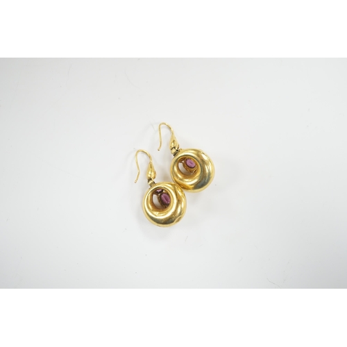 1983 - A pair of Victorian yellow metal canetile work and three stone garnet set drop earrings, overall 35m... 