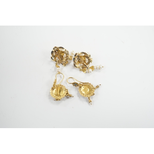 1985 - A pair of continental yellow metal and cultured pearl cluster set drop earrings, 36mm and a pair of ... 