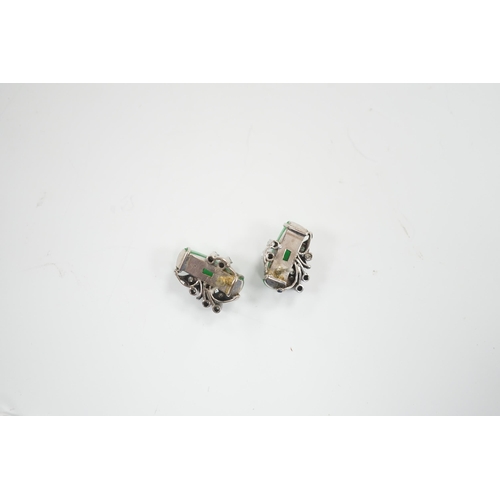 1986 - A pair of mid 20th century white metal, jade and diamond cluster set ear studs, 15mm, gross weight 4... 