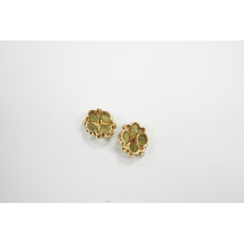 1987 - A pair of yellow metal, peridot and split pearl cluster set ear studs, 17mm, gross weight 6.1 grams.... 