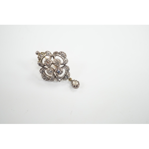 1988 - A single antique white and yellow metal and rose cut diamond set drop earring, 34mm, gross weight 6.... 