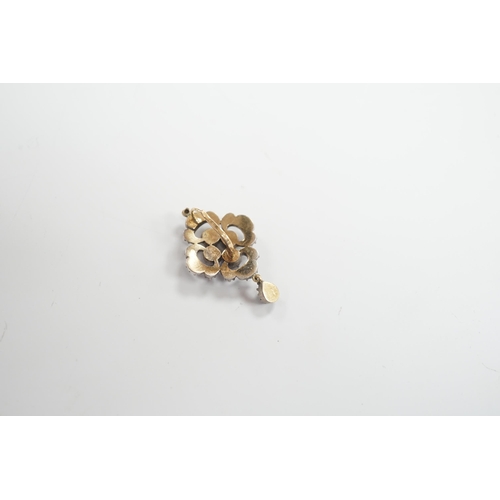 1988 - A single antique white and yellow metal and rose cut diamond set drop earring, 34mm, gross weight 6.... 