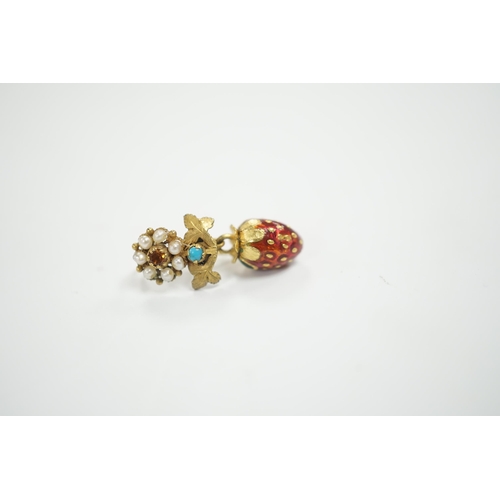 1989 - A single antique yellow metal, citrine?, turquoise, seed pearl and enamelled 'strawberry' drop earri... 