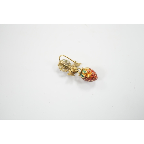 1989 - A single antique yellow metal, citrine?, turquoise, seed pearl and enamelled 'strawberry' drop earri... 