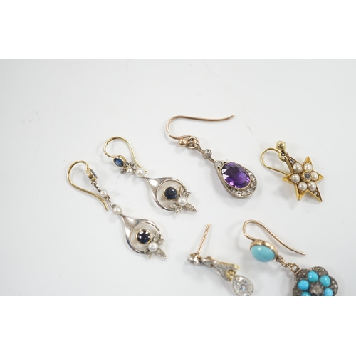 1990 - A group of four assorted Edwardian and later single earrings, including amethyst and diamond, turquo... 