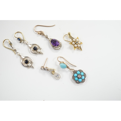 1990 - A group of four assorted Edwardian and later single earrings, including amethyst and diamond, turquo... 