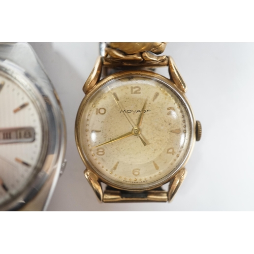 1999 - A gentleman's 9ct gold Movado manual wind wrist watch, on associated steel and gold plated flexible ... 