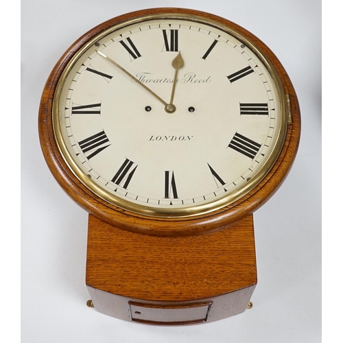 Thwaites and Reed. A Victorian oak drop dial wall clock the twin fusee