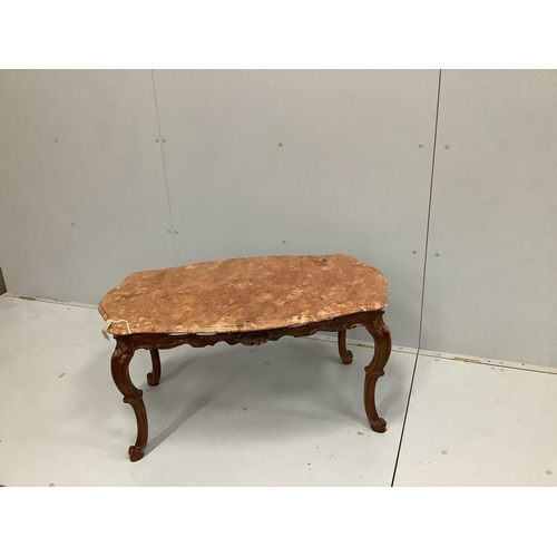 45 - A rectangular coffee table, with shaped and moulded 'Rosso Verona' marble top, on carved cabriole le... 