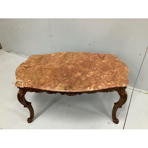 45 - A rectangular coffee table, with shaped and moulded 'Rosso Verona' marble top, on carved cabriole le... 