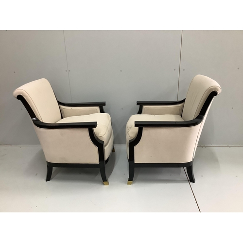 1005 - A pair of mid century French Maison Jansen ebonised armchairs with suede effect upholstery, width 68... 