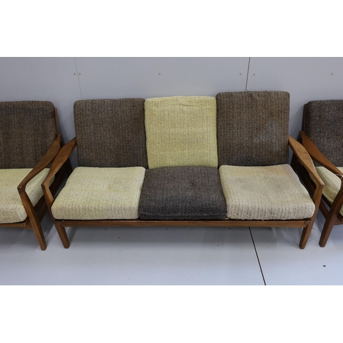 1037 - In the manner of Zenon Baczyk, a mid century teak three piece lounge suite, settee length 168cm, dep... 