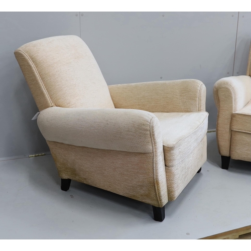 1038 - A pair of 1950's Italian armchairs in Bugatti style, width 84cm, depth 86cm, height 78cm