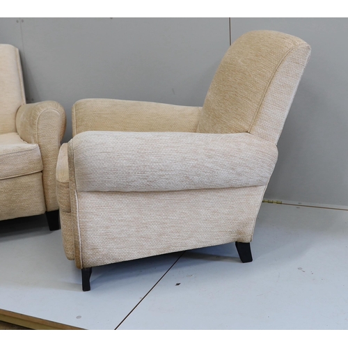 1038 - A pair of 1950's Italian armchairs in Bugatti style, width 84cm, depth 86cm, height 78cm