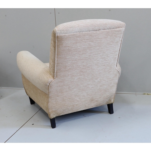 1038 - A pair of 1950's Italian armchairs in Bugatti style, width 84cm, depth 86cm, height 78cm