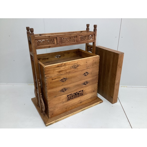 1101 - A Chinese carved pine sectional dowry chest, width 92cm, depth 50cm, height 111cm