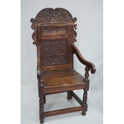 1104 - A pair of 17th century style inlaid panelled oak wainscot chairs, width 57cm, depth 40cm, height 121... 