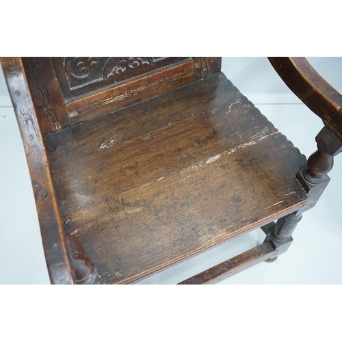 1104 - A pair of 17th century style inlaid panelled oak wainscot chairs, width 57cm, depth 40cm, height 121... 