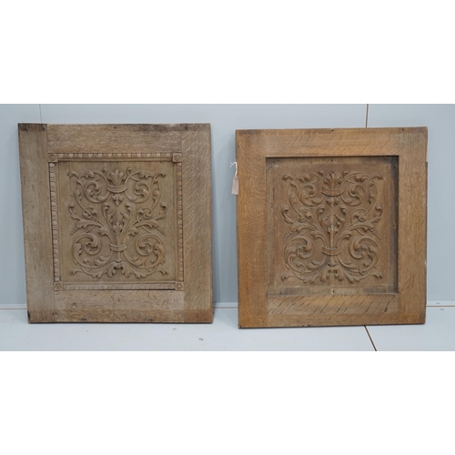 1121 - A pair of late 19th century carved oak panels, width 71cm, height 74cm