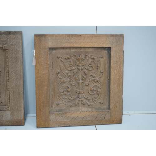 1121 - A pair of late 19th century carved oak panels, width 71cm, height 74cm