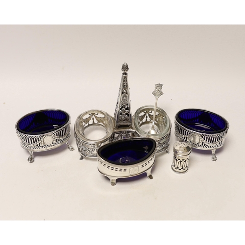 1903 - A French pierced white metal double condiment stand, height 14.6cm and four other silver condiments ... 