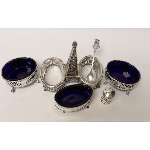 1903 - A French pierced white metal double condiment stand, height 14.6cm and four other silver condiments ... 