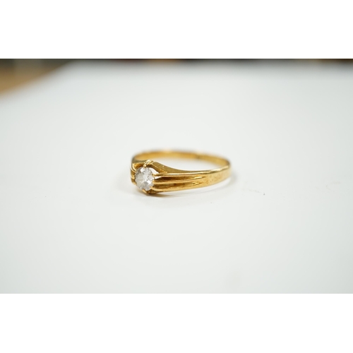 2022 - A George V 18ct gold and claw set solitaire diamond ring, size U/V, gross weight 3.6 grams.