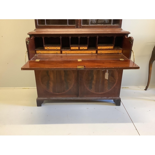 10 - A George III satinwood banded mahogany secretaire bookcase, width 117cm, depth 58cm, height 236cm (a... 