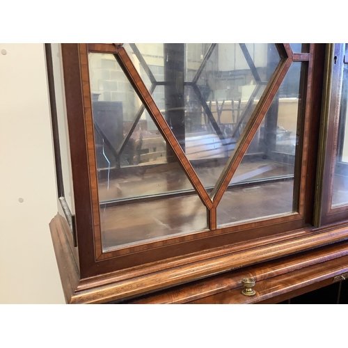 104 - A small Edwardian satinwood banded mahogany cylinder bureau bookcase, width 64cm, depth 47cm, height... 