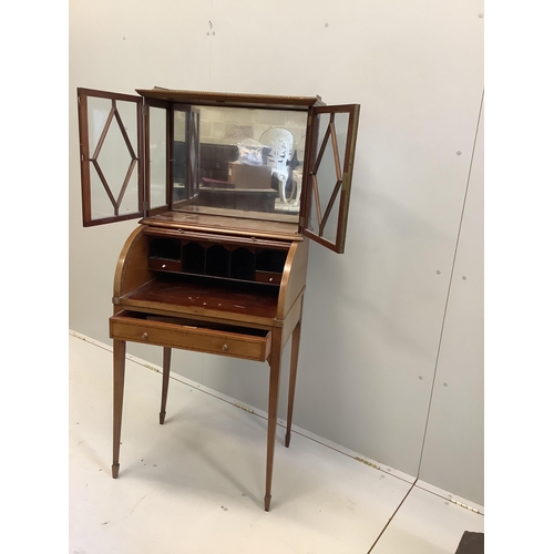 104 - A small Edwardian satinwood banded mahogany cylinder bureau bookcase, width 64cm, depth 47cm, height... 