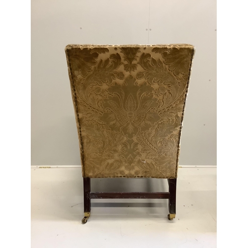 106 - A George III mahogany velvet brocade wingback armchair, for use by Edward VII, width 84cm, depth 76c... 