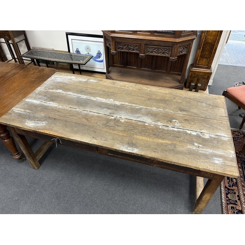 127 - A 19th century French rectangular oak two drawer farmhouse table, length 201cm, depth 101cm, height ... 