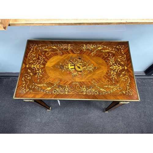 132 - A Louis XVI style floral marquetry side table, the top inlaid with a musical trophy, width 80cm, dep... 