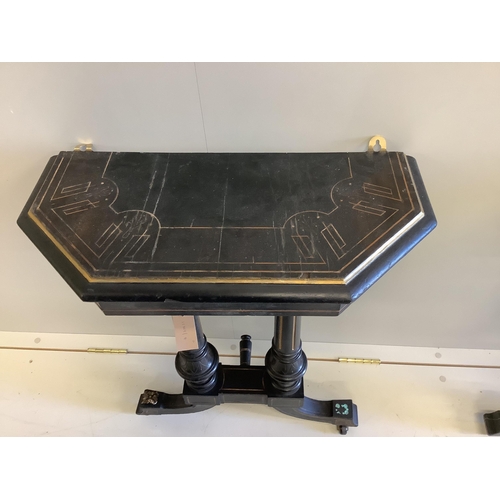 145 - A pair of late Victorian ebonised hall tables, altered, width 53cm, depth 26cm, height 76cm.