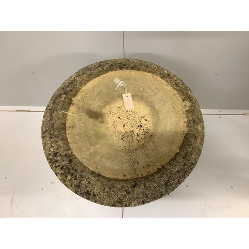 147 - A circular stone bird bath on square plinth, diameter 58cm, height 95cm.