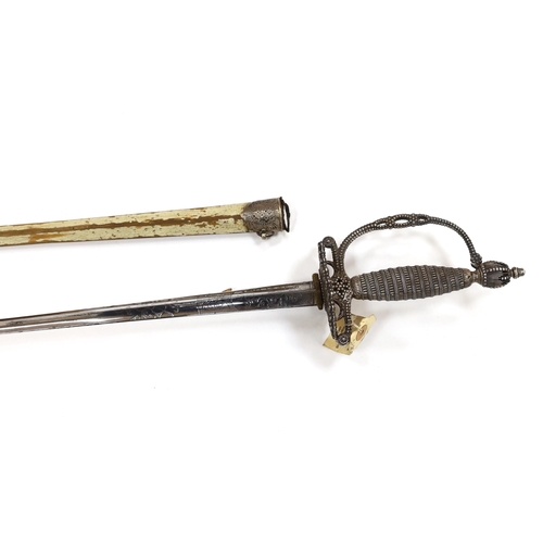 253 - An English small sword, c.1775, pierced with facetted stud work, silver tape and wire bound grip, tr... 