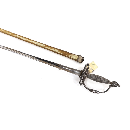 253 - An English small sword, c.1775, pierced with facetted stud work, silver tape and wire bound grip, tr... 