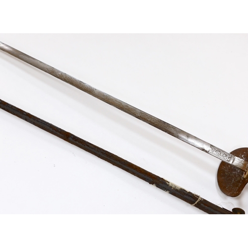 254 - An English cut steel hilted dress court sword, c.1900, polished blade etched at forte, iron hilt sli... 