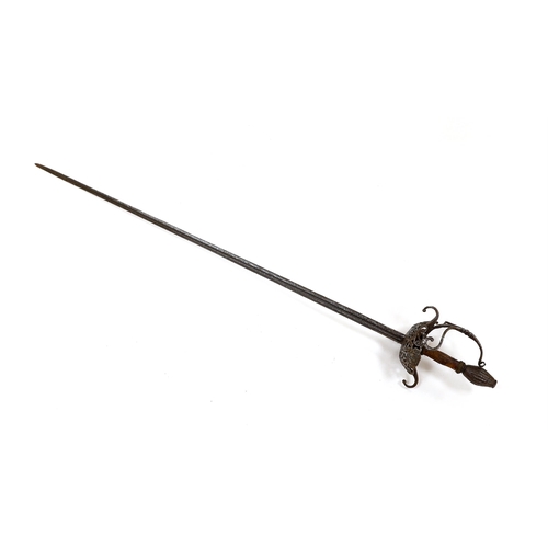 259 - A mid 17th century English rapier, with pierced and chiselled cup guard, steel pommel and leather gr... 