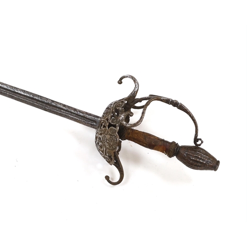 259 - A mid 17th century English rapier, with pierced and chiselled cup guard, steel pommel and leather gr... 