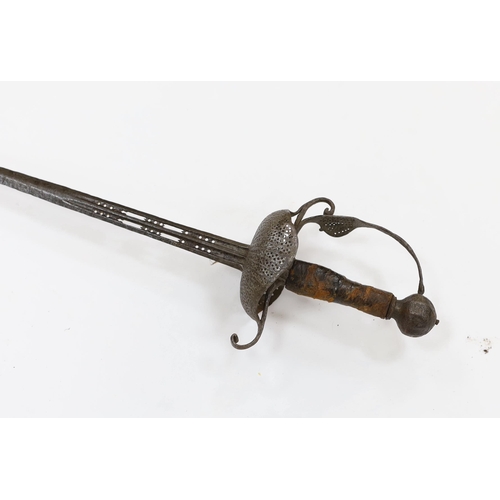 260 - A mid 17th century English rapier, with pierced steel cup guard, loop guard and top of blade, steel ... 