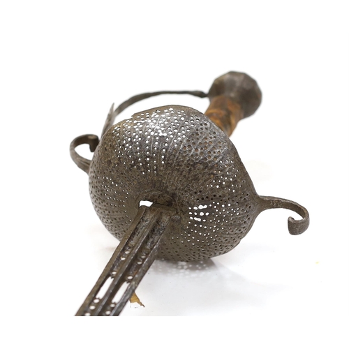 260 - A mid 17th century English rapier, with pierced steel cup guard, loop guard and top of blade, steel ... 