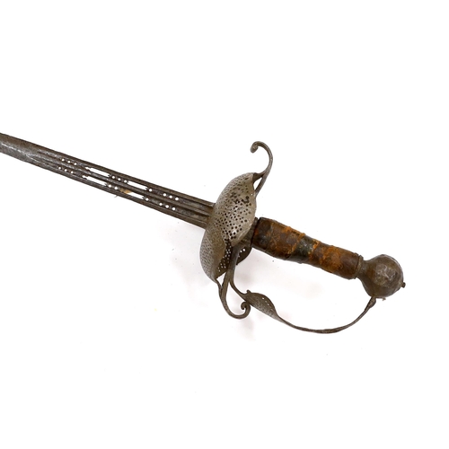 260 - A mid 17th century English rapier, with pierced steel cup guard, loop guard and top of blade, steel ... 