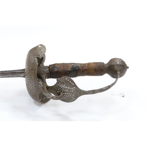 260 - A mid 17th century English rapier, with pierced steel cup guard, loop guard and top of blade, steel ... 