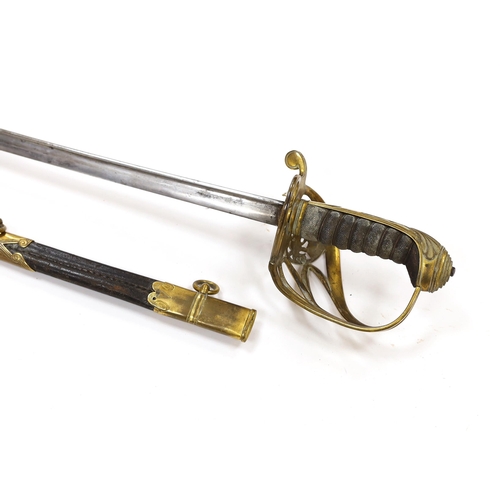 263 - A William IV infantry officers sword, in a leather scabbard, blade 72.5cm