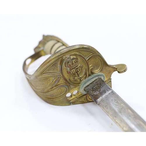 266 - A George V naval officers sword, maker Grieves, in a leather scabbard, guard engraved G.P. Bewley, ... 